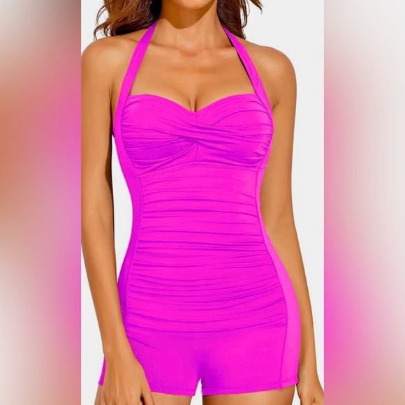 Tempt Me Other - Tempt Me Women Hot Pink Tummy Control One Piece Swimsuits with Boyleg Shorts